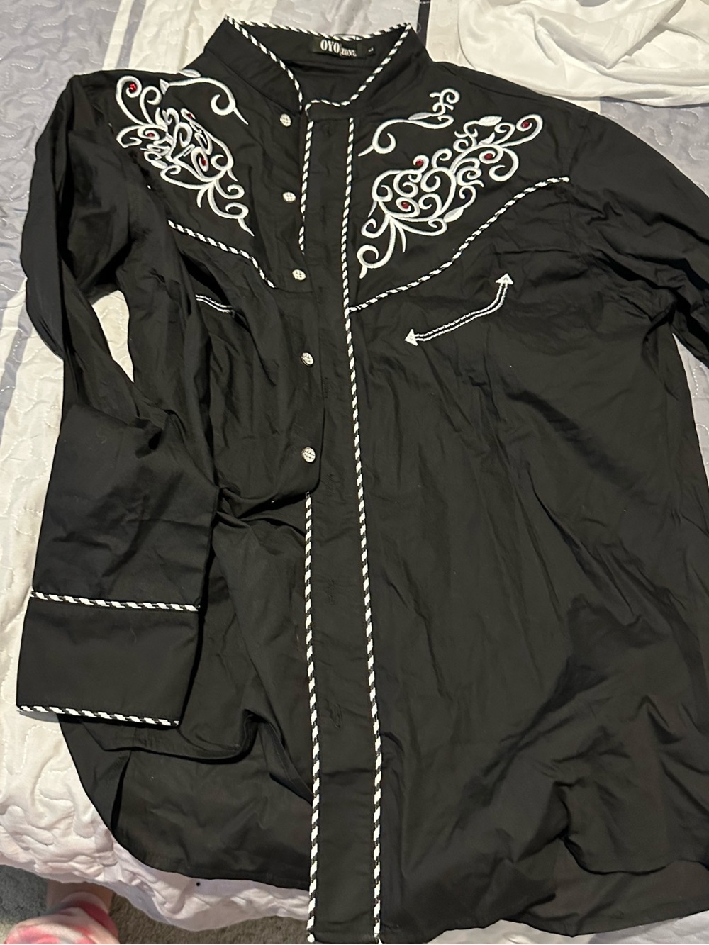 Black Western-Style Button Up Shirt with White Embroidery